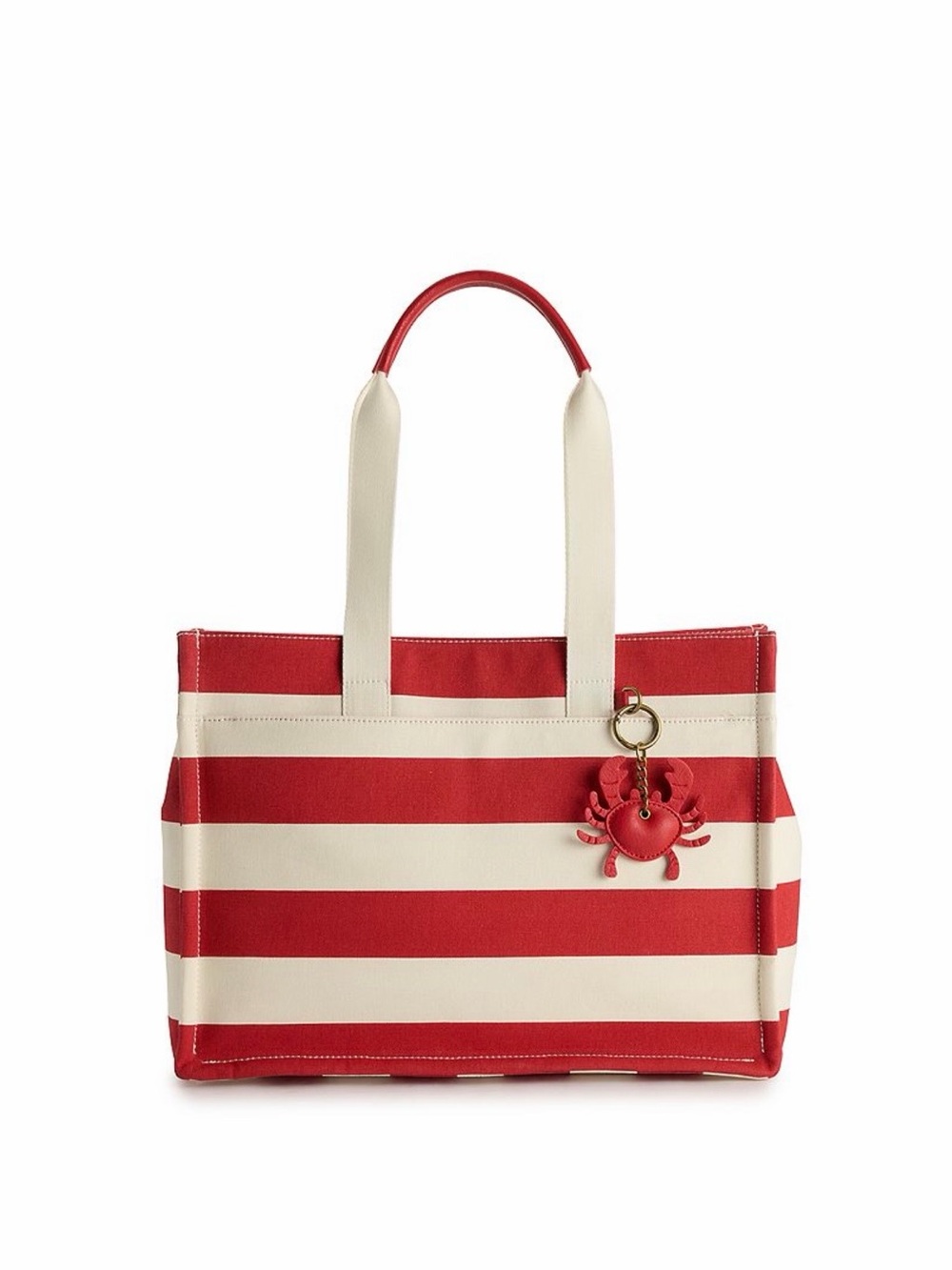 New Striped Red & Cream Coastal Tote Bag with Crab Charm